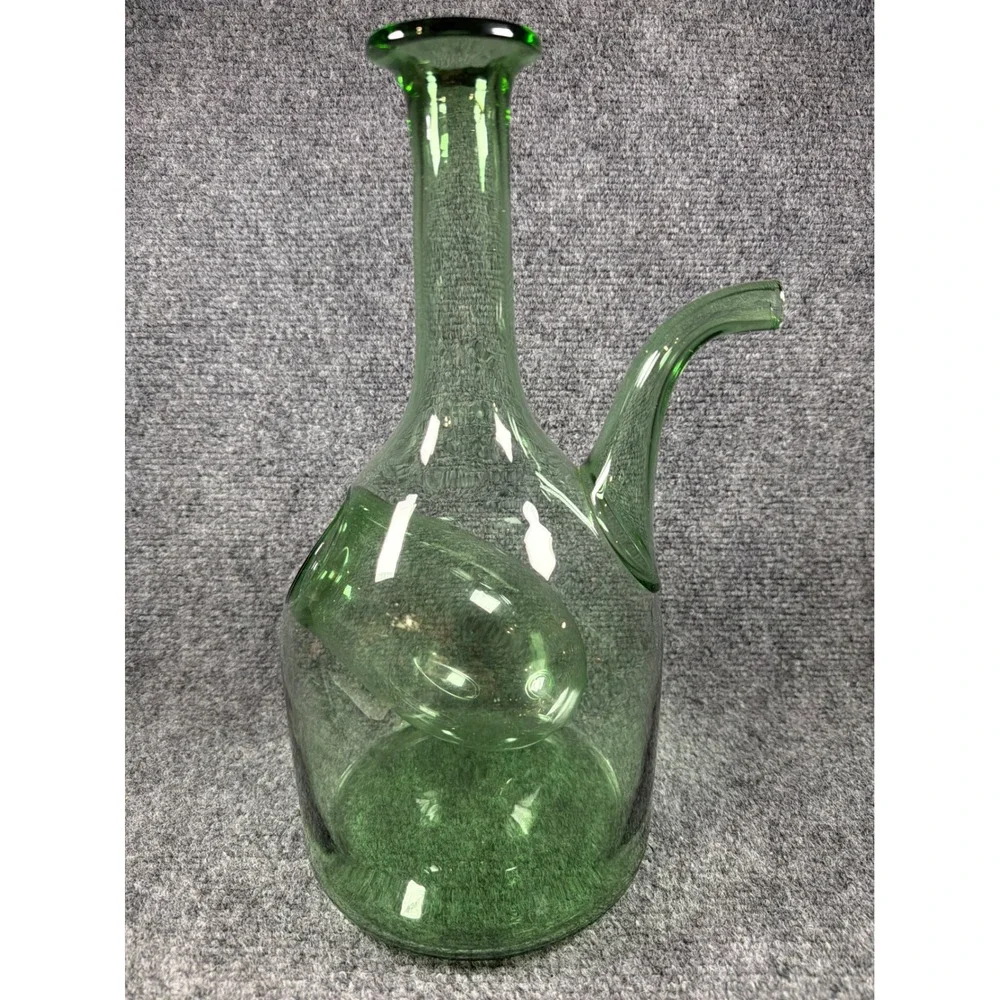 Vintage Green Glass Wine Decanter with Ice Chamber Chiller Spout 12.5 Inch